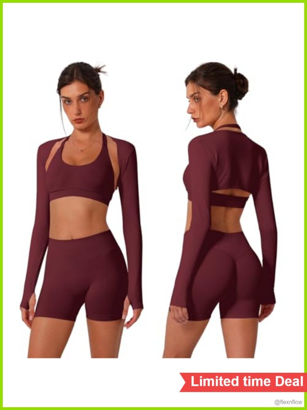 Seamless Halter Sports Bra High Waist Biker Shorts Bolero Thumb Hole 3 Piece